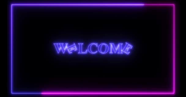 Vítejte Animace Neonovým Světelným Efektem Animovaný Uvítací Text Černém Pozadí — Stock video