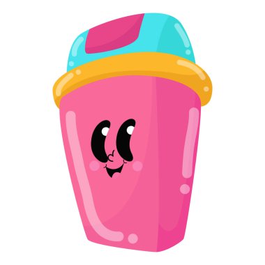 Gözleri ve mavi kapağı olan çizgi film pembe bardağı çocuk ürünleri, ambalaj, kırtasiye ve sosyal medya grafikleri için uygun şirin ve tuhaf bir illüstrasyondur..