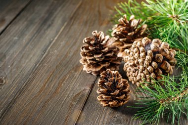 Çam kozalağı ve yeşil dal ahşap masa üzerinde kar, metin için kopyalama alanı. Ahşap arka planda çam kozalakları..