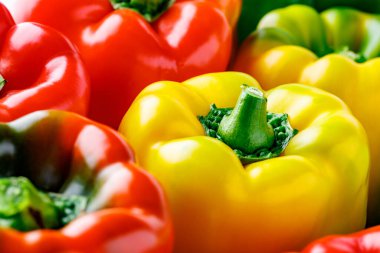 Renkli dolmalık biberler. Kırmızı ve sarı dolmalık biberleri kapatın. Ayrıca tatlı biber, karabiber ya da biber olarak da bilinir.