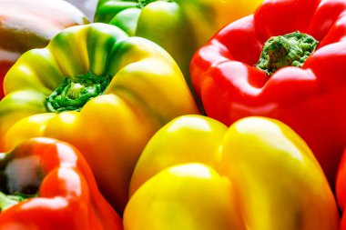 Renkli dolmalık biberler. Kırmızı ve sarı dolmalık biberleri kapatın. Ayrıca tatlı biber, karabiber ya da biber olarak da bilinir.