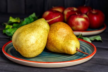 Olgun inciler. Eski ahşap arka planda taze armutlar. Vejetaryen, vejetaryen, sağlıklı diyet yemekleri..
