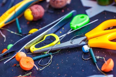 Lakeldeki balık avlama seansı. Balık tutma aletleri, makas, sazan yemi, sazan balığı ve balık yemi karışımı. Balık tutma takımları..