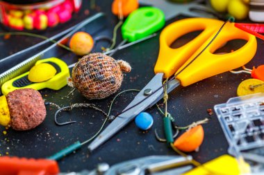 Lakeldeki balık avlama seansı. Balık tutma aletleri, makas, sazan yemi, sazan balığı ve balık yemi karışımı. Balık tutma takımları..