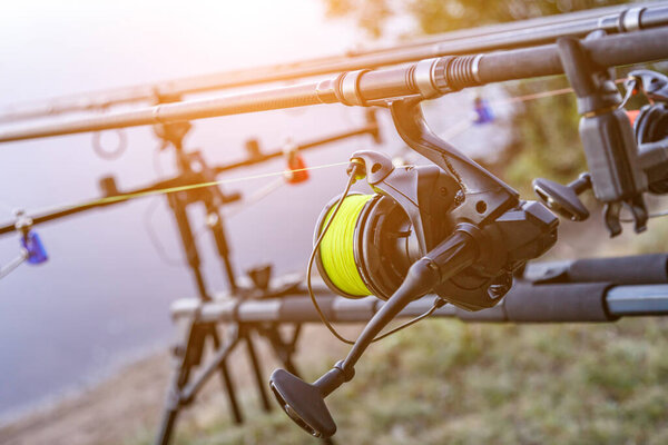 Carpfishing session at the Lake.Carp fishing rods and reel standing on special tripods.Carp fishing indicator. Warning for fishing, detailed swinger.Fishing adventures