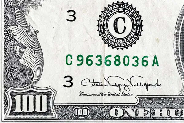 Papírbankjegyek Régi Elemei Bonisztika 100 Amerikai Dollár Bankjegy Töredéke Tervezési — Stock Fotó