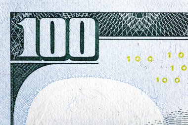 Kağıt banknotların klasik unsurları. Bonistikler. Tasarım amaçlı 100 dolarlık banknotun bir parçası. Amerika Birleşik Devletleri