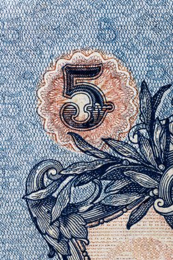 Eski kağıt banknotların eski unsurları. Tasarım amacı için küçük banknot. Rus İmparatorluğu 5 ruble 1909.Bonistic