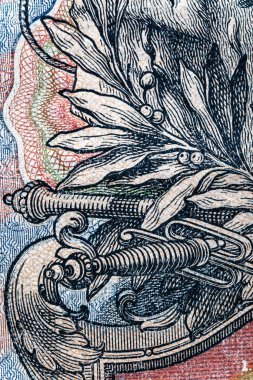 Eski kağıt banknotların eski unsurları. Tasarım amacı için küçük banknot. Rus İmparatorluğu 5 ruble 1909.Bonistic