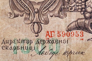 Eski kağıt banknotların eski unsurları. Bonistikler. Ukrayna 1000 Hryvnia 1918. Tasarım amaçlı banknot..