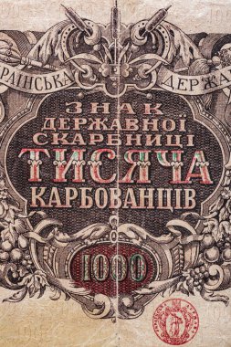 Eski kağıt banknotların eski unsurları. Bonistikler. Ukrayna 1000 Hryvnia 1918. Tasarım amaçlı banknot..