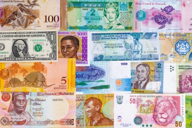 Dünyanın farklı ülkelerinden kağıt banknotlar. Para dokusu. Para Koleksiyonları Banknotlar. Bonistikler. Zenginlik, kâr, iş, finans kavramı.
