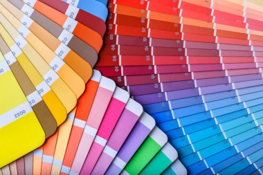 Boya tonu seçmek için renk tekerleği. Boyacı ve dekoratör çalışma masası, renk örnekleri