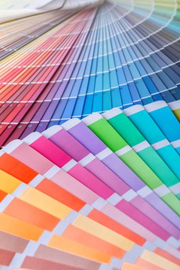 Boya tonu seçmek için renk tekerleği. Boyacı ve dekoratör çalışma masası, renk örnekleri