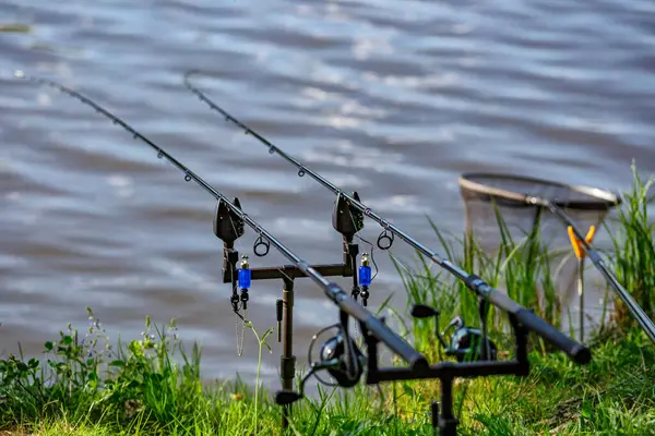 stock image Carpfishing session at the Lake.Carp fishing rods standing on special tripods.Scenic landscape overlooking lake at Dawn.Fishing adventures, carp fishing.