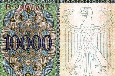 Eski kağıt banknotların eski unsurları. Bonistikler. Enflasyon 1922 Banknote Kaiser 'in Almanyasından 10000 mark. Tasarım amaçlı banknot..