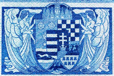 Eski kağıt banknotların eski unsurları. Bonistic. Avusturya-Macaristan banknotu. 1902, II. Havalandırma. Tasarım amacı için kırmızı Deutschsterreich Parça banknotunda üzerine yazdırıldı.