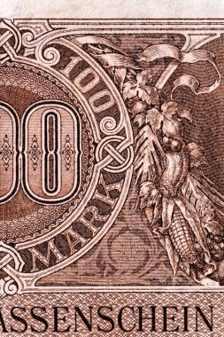 Eski kağıt banknotların eski unsurları. Bonistikler. Eski Almanya parası 1918 (100 mark). Banknote Kaiser 'in Almanyası. Tasarım amaçlı banknot..