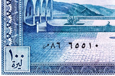 Eski kağıt banknotların antika unsurları. Bonistikler. İç avlusu olan Palace Beit-ed-Din, Liban 100 Livres 1988 Banknotları 'nın Portresi. Tasarım amaçlı banknot..