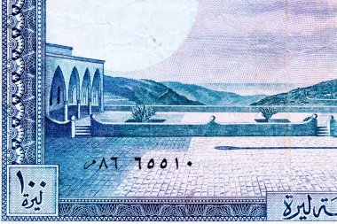 Eski kağıt banknotların antika unsurları. Bonistikler. İç avlusu olan Palace Beit-ed-Din, Liban 100 Livres 1988 Banknotları 'nın Portresi. Tasarım amaçlı banknot..