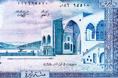 Eski kağıt banknotların antika unsurları. Bonistikler. İç avlusu olan Palace Beit-ed-Din, Liban 100 Livres 1988 Banknotları 'nın Portresi. Tasarım amaçlı banknot..