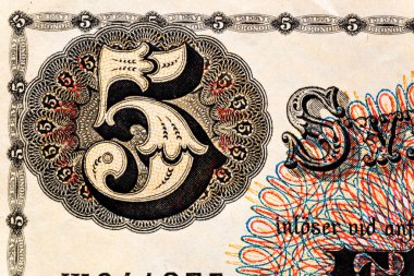 Eski kağıt banknotların eski unsurları. Bonistics.5 İsveç Kroneri (SEK) 1952, Sveriges Riksbank 'tan. Tasarım amaçlı banknot.