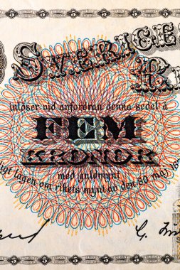 Eski kağıt banknotların eski unsurları. Bonistics.5 İsveç Kroneri (SEK) 1952, Sveriges Riksbank 'tan. Tasarım amaçlı banknot.