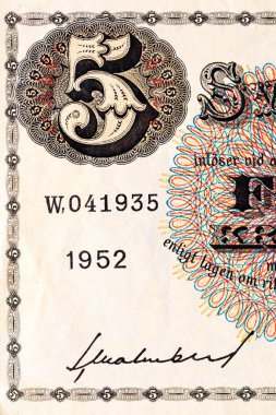 Eski kağıt banknotların eski unsurları. Bonistics.5 İsveç Kroneri (SEK) 1952, Sveriges Riksbank 'tan. Tasarım amaçlı banknot.