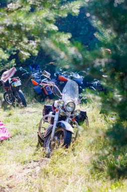 Ukrayna, Kyiv - Temmuz 09 2011: Motosiklet fuarında çok sayıda motosiklet. Motosiklet parçaları yakın plan. Şehir Bisikletçileri Festivali.