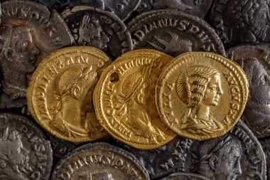 Roma altın ve gümüşü hazinesi. Trajan Decius. MS 249-251. AV Aureus. Roma İmparatorluğu 'nun eski sikkesi. Otantik gümüş denarius, antoninianus, antik Roma' nın aureus 'u..