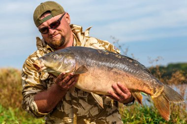 Balık tutma maceraları, sazan avı. Ayna sazan (Cyprinus carpio), tatlı su balığı. Büyük bir sazan balıkçılık kupa ile Fener. Göle bakan bir Sazan Feneri ile Gün doğumu