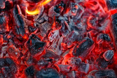 Yanan ve parlayan kömürlerin arka planı. Geceleri yanan kömürlerin titreşimi. Yanan odunların dokusu.. 