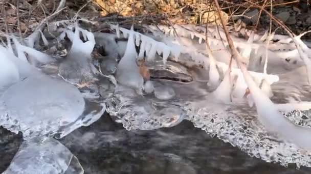 Чиста Вода Гірського Потоку Європейських Альпах Замерзла Ранкові Морози Художні — стокове відео