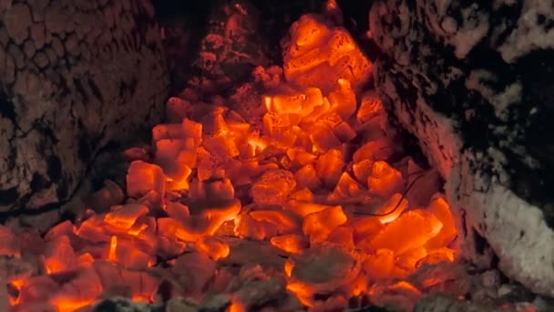 Iron Stove Open Door Coals Quietly Crackling Warmth Golden Light — Stock Video