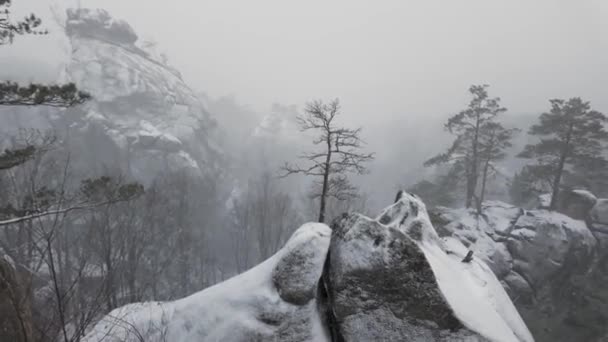 Dovbush Rochas Inverno Bubnyshche Cárpatos Ucrânia Europa Enormes Gigantes Arenito — Vídeo de Stock