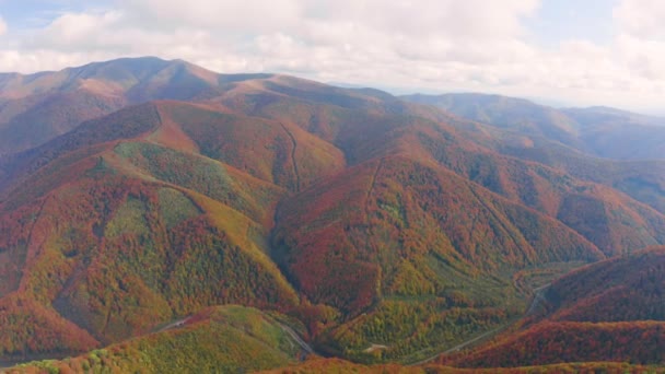 Dron Vuela Sobre Los Picos Una Región Montañosa Los Cárpatos — Vídeos de Stock