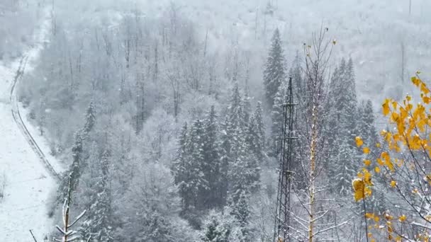 Karpaten Waarlangs Hoogvliegende Lijn Loopt Zijn Bedekt Met Eerste Sneeuw — Stockvideo