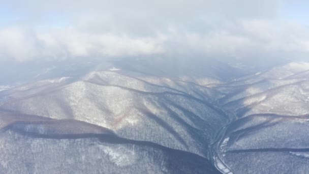 Vista Volo Uccello Pittoresco Paesaggio Alpino Inverno Con Tramonto Drone — Video Stock