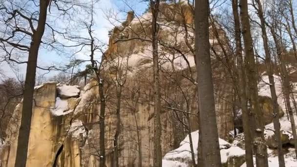 Dovbush Skály Zimě Bubnyshche Karpat Ukrajina Evropa Nad Starobylým Bukovým — Stock video