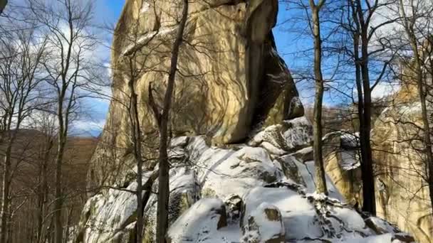 Dovbush Rocas Invierno Bubnyshche Cárpatos Ucrania Europa Enormes Gigantes Piedra — Vídeos de Stock