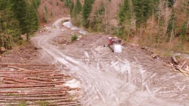 Безпілотник Робить Повороти Карпатському Лісовому Очищенні Тракторі Бачачи Бруд Руйнування — стокове відео