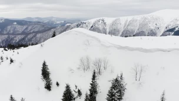 无人机翻过喀尔巴阡山 顶部是雪冠 雪崩从那里降临 山脊后面是一座有名的山地旅游胜地 — 图库视频影像