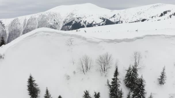 Drone Makes Turns Carpathian Peak Crowned Snowy Cornice Which Avalanches — Stock Video