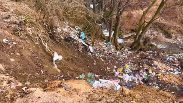Katastrofa Ekologiczna Ludzie Wnoszą Wyrzucają Śmieci Górskiej Rzeki Szybka Woda — Wideo stockowe