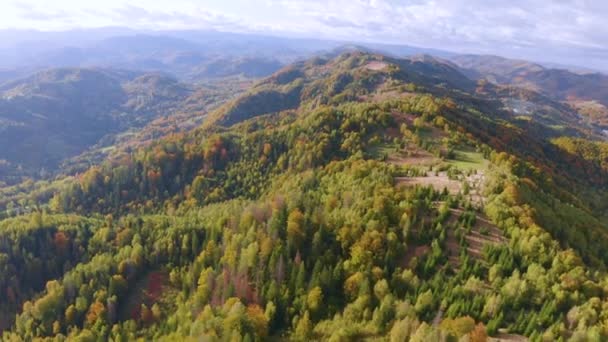 乌克兰秋天喀尔巴阡山脉鸟瞰全景 赫苏勒山民的房屋 沿着山坡 五彩斑斓的山毛榉林 桦树和针叶树 如画般地散布着 — 图库视频影像