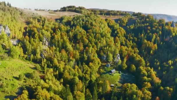 Άποψη Πουλιών Των Καρπαθίων Φθινόπωρο Ουκρανία Σπίτια Των Ορειβατών Hutsul — Αρχείο Βίντεο