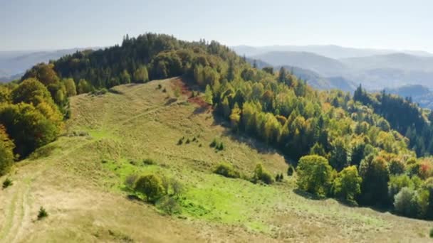 乌克兰秋天喀尔巴阡山脉鸟瞰全景 赫苏勒山民的房屋 沿着山坡 五彩斑斓的山毛榉林 桦树和针叶树 如画般地散布着 — 图库视频影像
