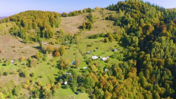 Άποψη Πουλιών Των Καρπαθίων Φθινόπωρο Ουκρανία Σπίτια Των Ορειβατών Hutsul — Αρχείο Βίντεο