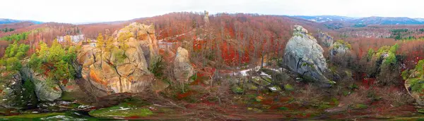 stock image Dovbush rocks in winter in Bubnyshche, Carpathians, Ukraine, Europe. Huge stone giants rise in the snowy transparent beech forest, all-round panoramic views are unique without leaves