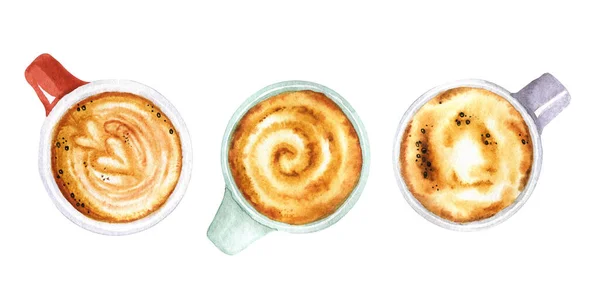 Suluboya kahve seti, latte, kapuçino, espresso. Kafe menüsü için, kahveci için, çıkartmalar ve kartpostallar için, kahve seven herkes için.
